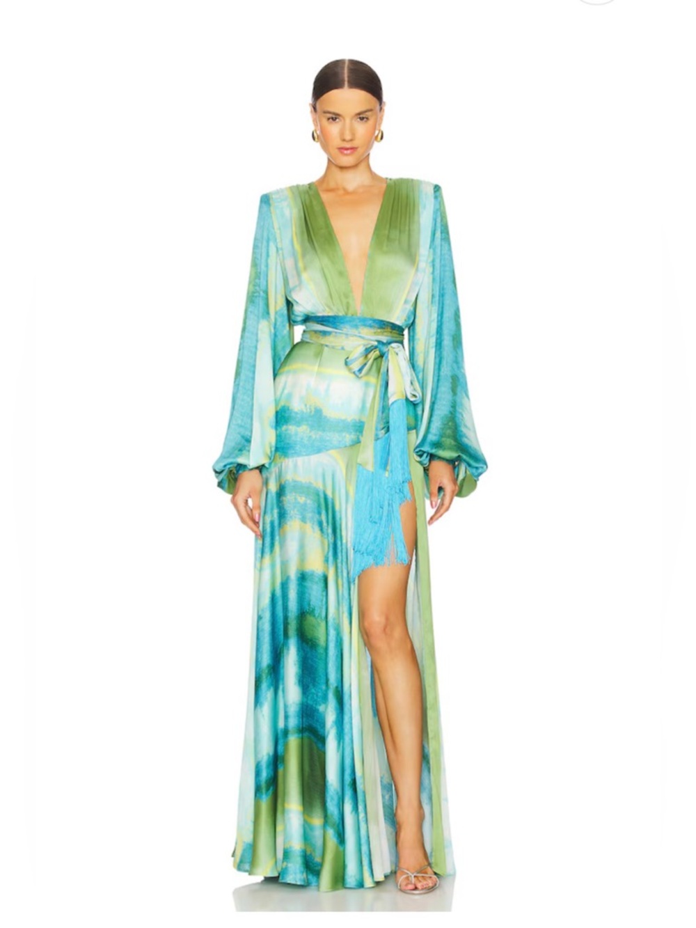 NEW BRONX BANCO Carmen Coastal Gown in Blue & Green ,Plunge Wrap Maxi Dress